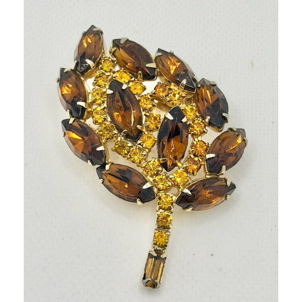 Vintage Gold Tone Amber and Yellow Navette Rhinestone Leaf Brooch Pin